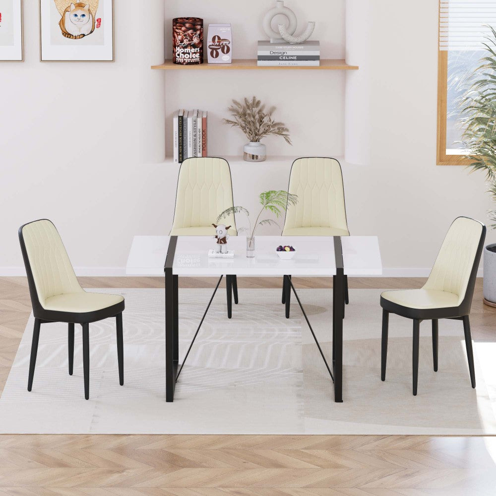 55 "4-person modern MDF dining table set, kitchen black metal leg dining table and chair set, industrial rectangular white tabletop and dining room thick padded PU dining chairs