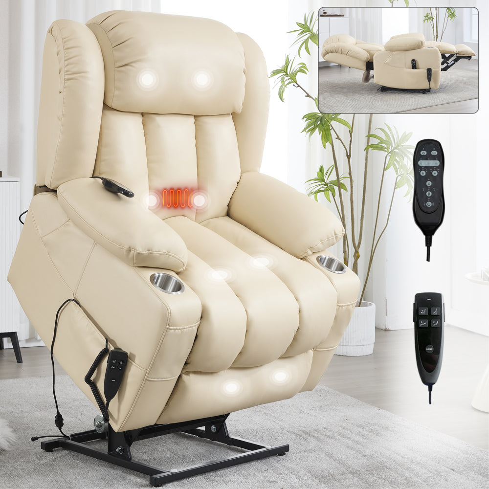 Dual Motor Infinite Position Up to 350 LBS Leatherair Power Lift Recliner Chair, Heavy Duty Motion Mechanism with 8-Point Vibration Massage and Lumbar Heating, Stainless steel Cup Holders, Beige