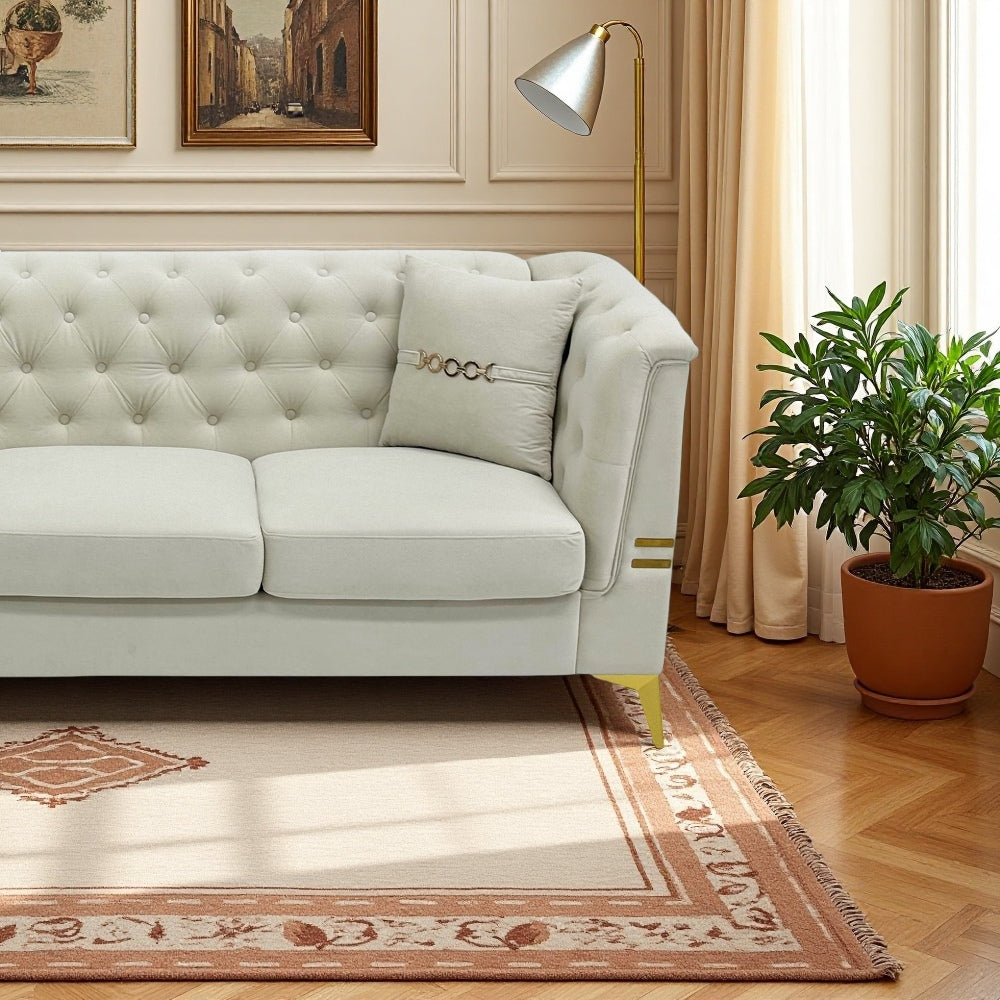 FX-P83-2PC SOFA -CW4 Modern Velvet Upholstered Sofa Set of 2, Cream White 3-Seater Sofas with Gold Metal Legs Contemporary Living Room Furniture for Family Homes, Apartments, and Lounge Spaces