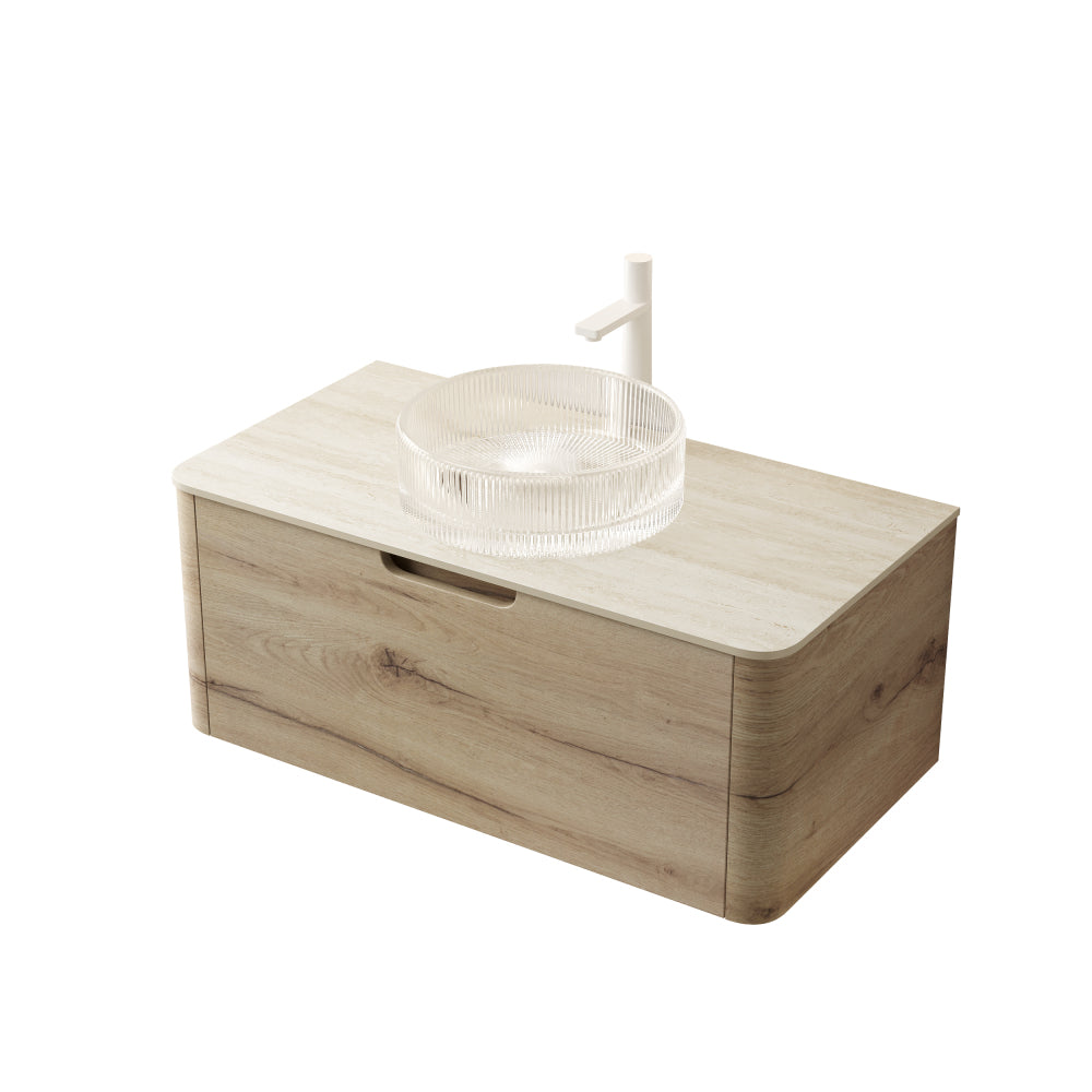 XAI 36" Bathroom Vanity with Sink, Floating Plywood Storage Cabinet with Drawer, Transparent Round Glass Basin and Roma Travertine-Pattern Sintered Stone Top, Pre-assembled, White Oak Woodgrain Color