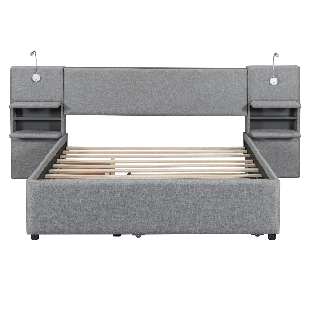 Queen Size Upholstered Platform Bed with Reading Lights, Drawers, Trundle and Shelves, Gray