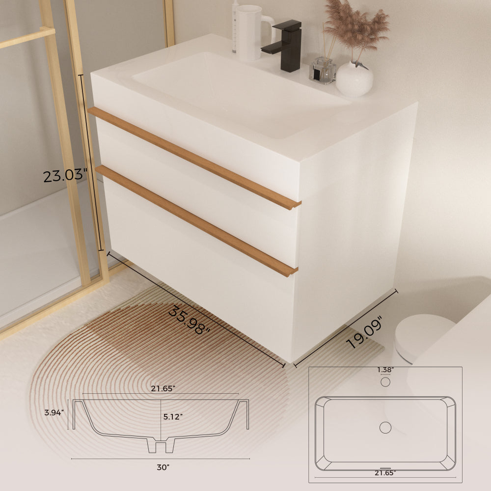 VELA 36 Inch White Wall Mounted Bathroom Vanity with Integrated Acrylic Sink, 2 Soft-Close Drawers, Pre-Assembled,Modern Floating Cabinet