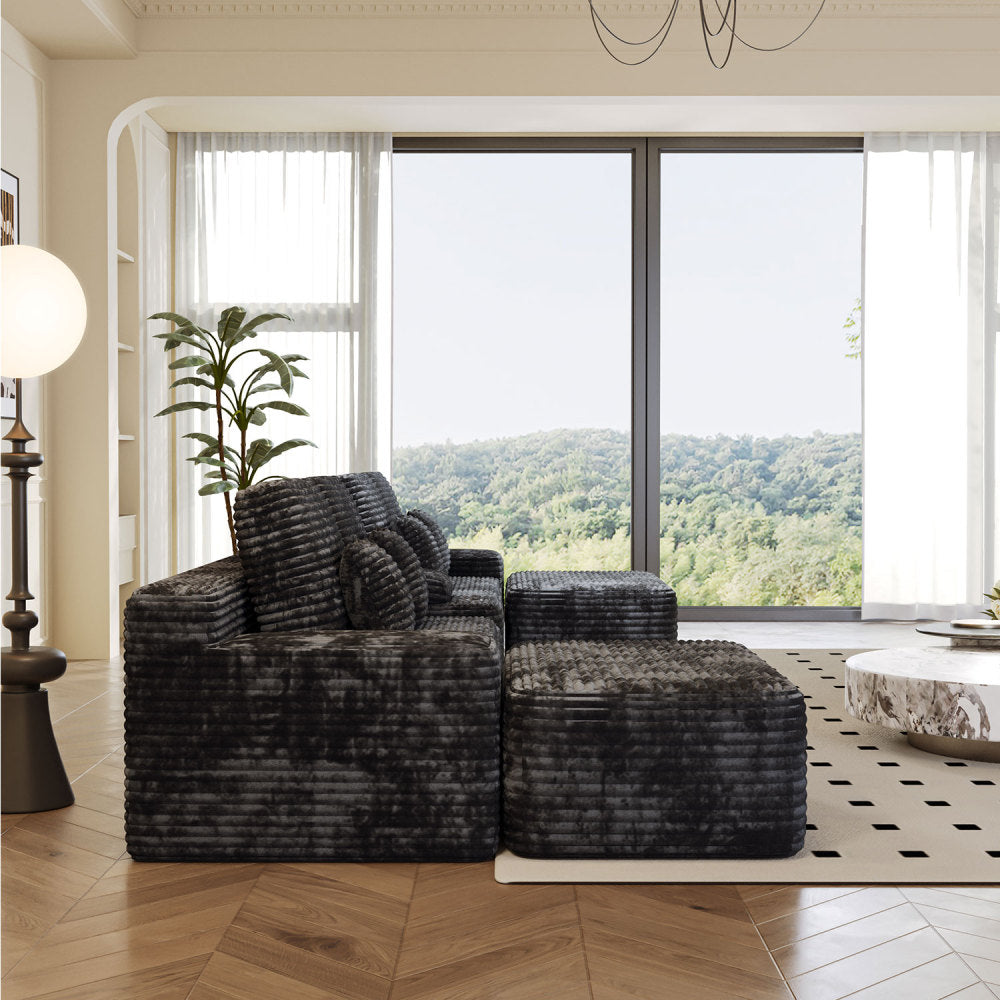 150''Width 5-piece Sectional Sofa with 2 Ottomans,Comfy U-shaped Sofa Couch for Living Room,BLACK Plush Corduroy Fabric