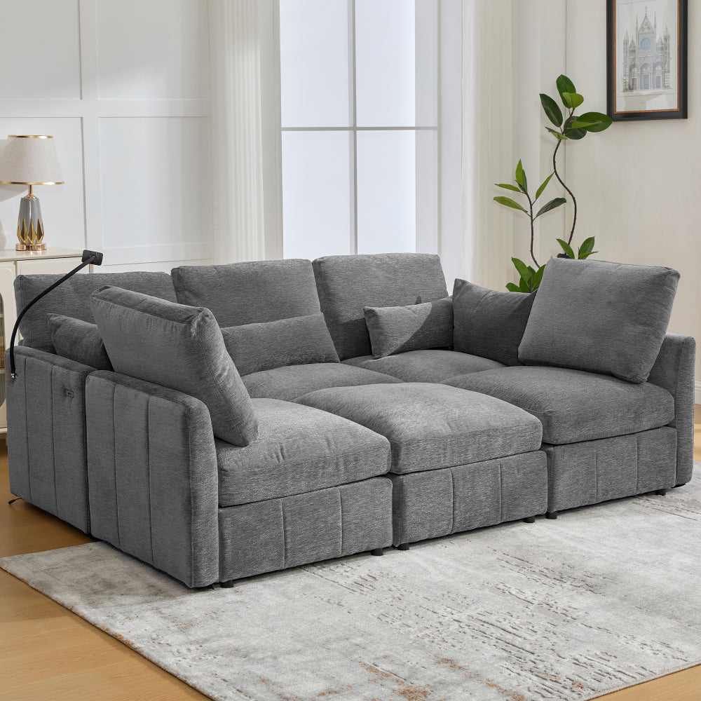 Modern Sectional Sofa Modular Sofa 85.4" U-shaped Sofa Couch Sofa Bed L-shaped Sofa with a Movable Ottoman and Two USB Ports and a Phone Holder for Living Room, Black