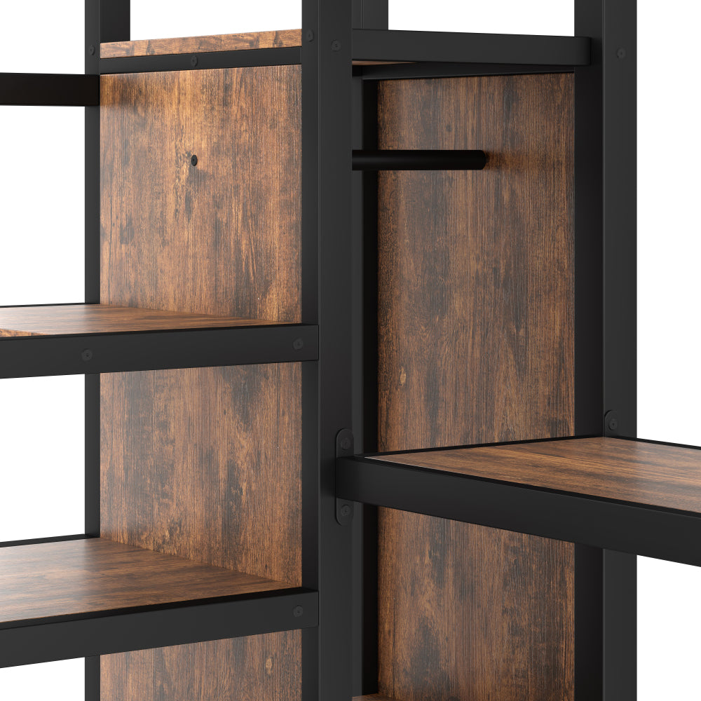 Queen Size Loft Bed with L-shaped Desk and USB, Metal Loft Bed with Wardrobe and Adjustable Shelf, High Loft Bed with LED for Kids Teens Adults, Wood-grain
