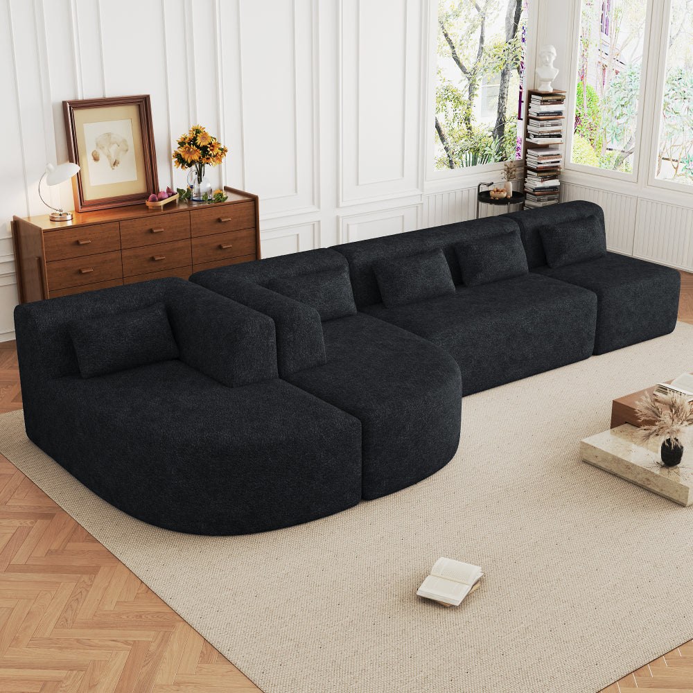 144" Upholstered Sofa Free-combined Sofa Couch with Two Chaise Lounge and Five Back Pillows for Living Room, Pink