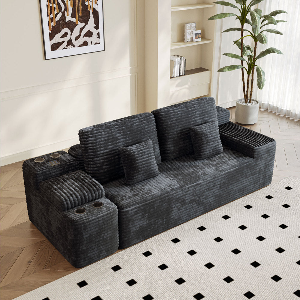 150''Width 5-piece Sectional Sofa with 2 Ottomans,Comfy U-shaped Sofa Couch for Living Room,BLACK Plush Corduroy Fabric