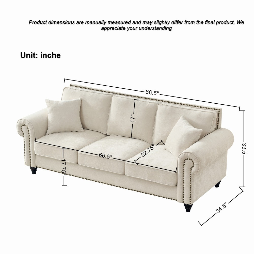 86" Modern 3-Seater Sofa with Rolled Arms,Chenille Upholstered Couch with Wood Legs and Nailhead Trim for Living Room, Apartment,Beige