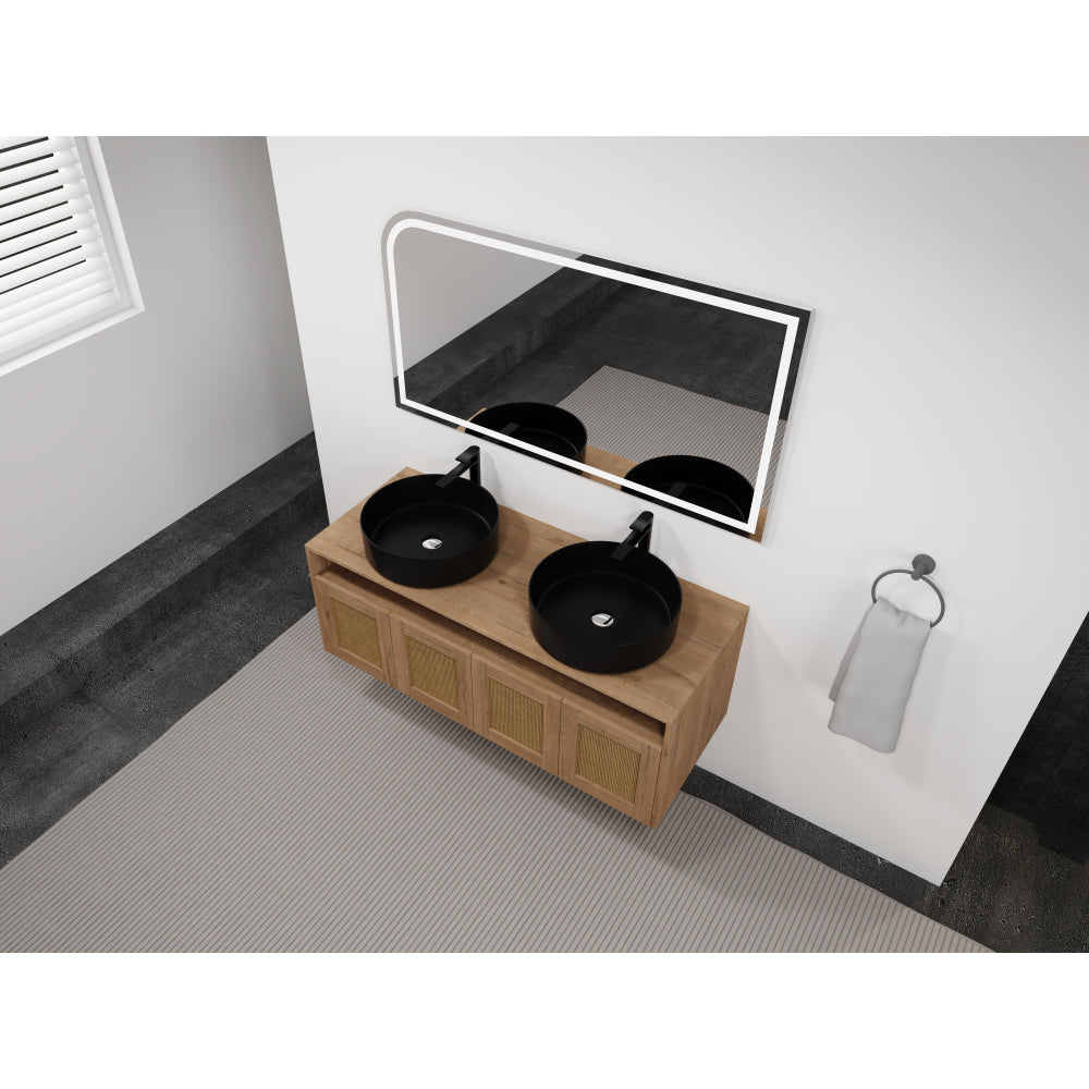 48" Bathroom Vanity with Black Ceramic Art Sink, 4-Soft Close Door, Float Mounting Design, Plywood (KD-Packing)