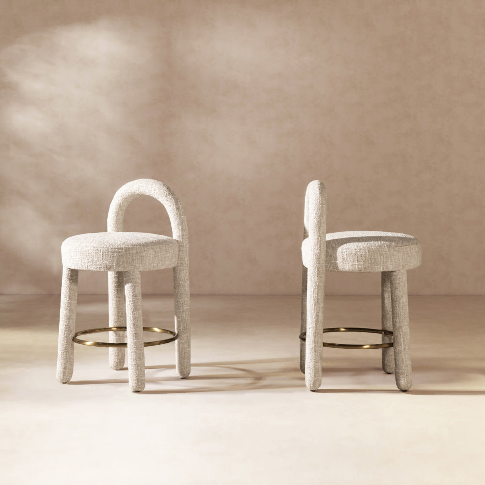 Penny 26.5" Round Arched Upholstered Counter Stool, Set of 2, Travertine Beige Chenille