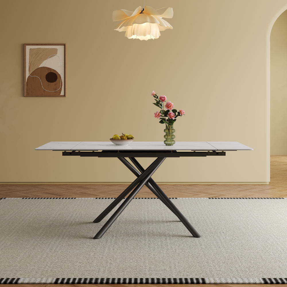 Retractable Sintered Stone Dining Table Set,It features a modern rectangular design, with black carbon steel table legs and a cross-leg structure at the bottom(Table + 4 Chairs)