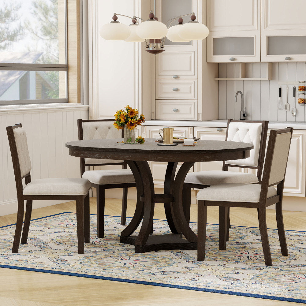 TREXM 5-Piece Retro Functional Dining Table Set Extendable Round Table and 4 Upholstered Chairs for Dining Room and Living Room (Espresso)