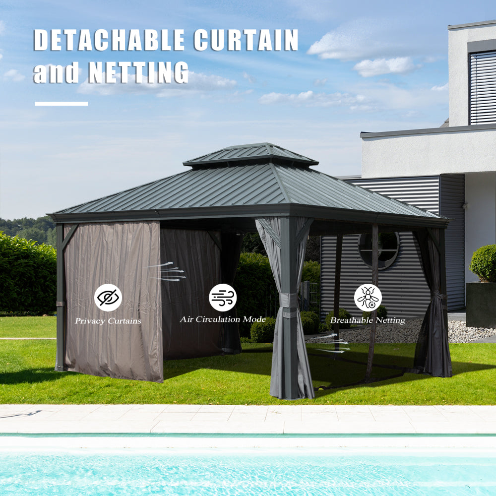 10' X 12' Hardtop Gazebo Outdoor Metal Gazebo with Galvanized Steel Double Roof Canopy, Aluminum Frame, Curtains and Netting for Patio, Deck, Garden, Grey