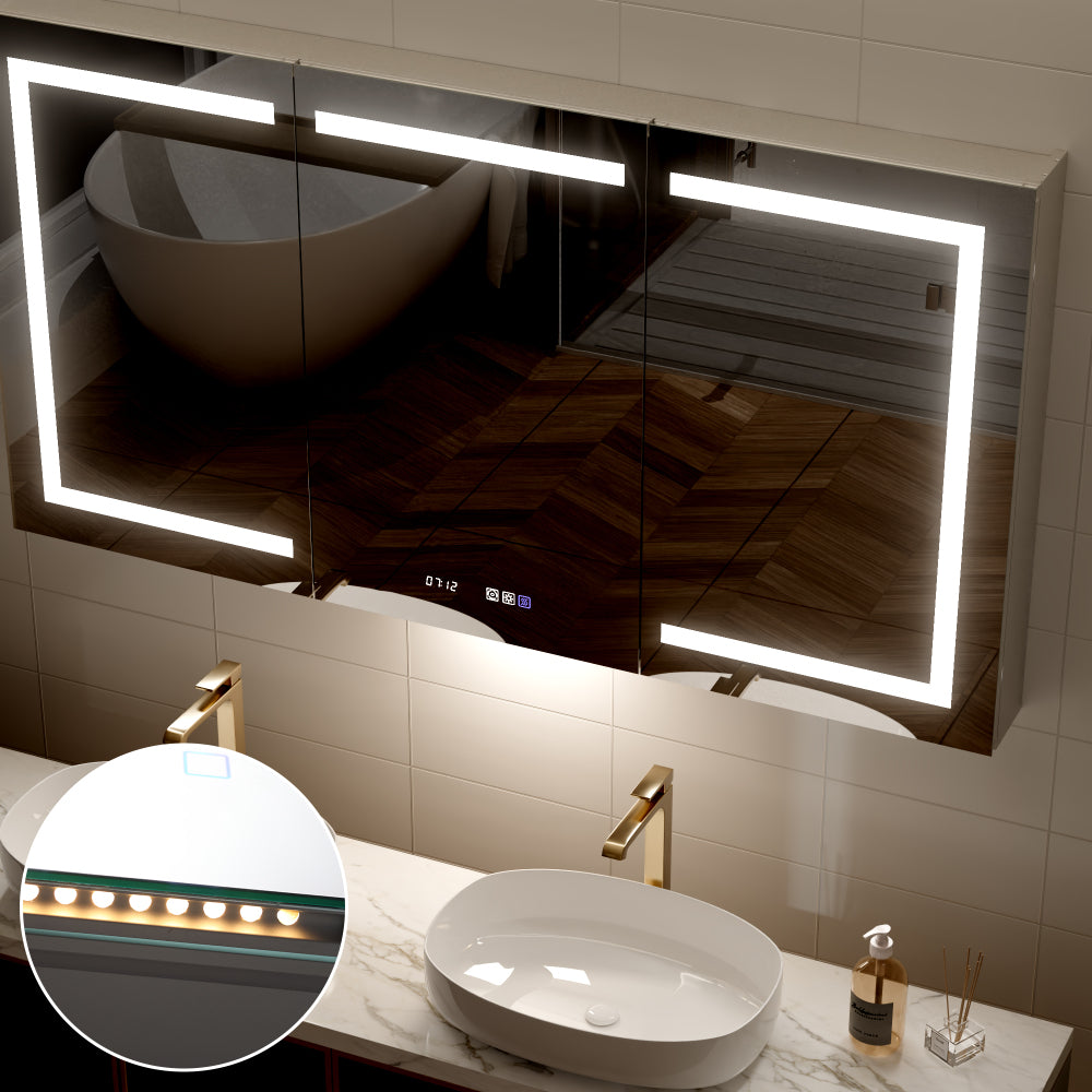 60"x32" Bathroom medicine cabinet with lights, Led bathroom mirror with storage, Adjustable Color Temperature & Brightness, Adjustable Shelves,Waterproof Wall-Mounted,Anti Fog,Time Display