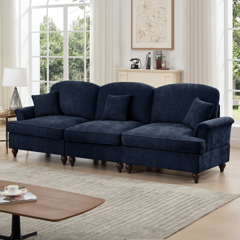 Elegant Mid Century Large 3 Seater Sofa Couch with Flared Arms and Removable Ruffles Pleats Skirts and Spindle Legs, Comfy Chenille Three-Seat Sofa for Living Room, Blue