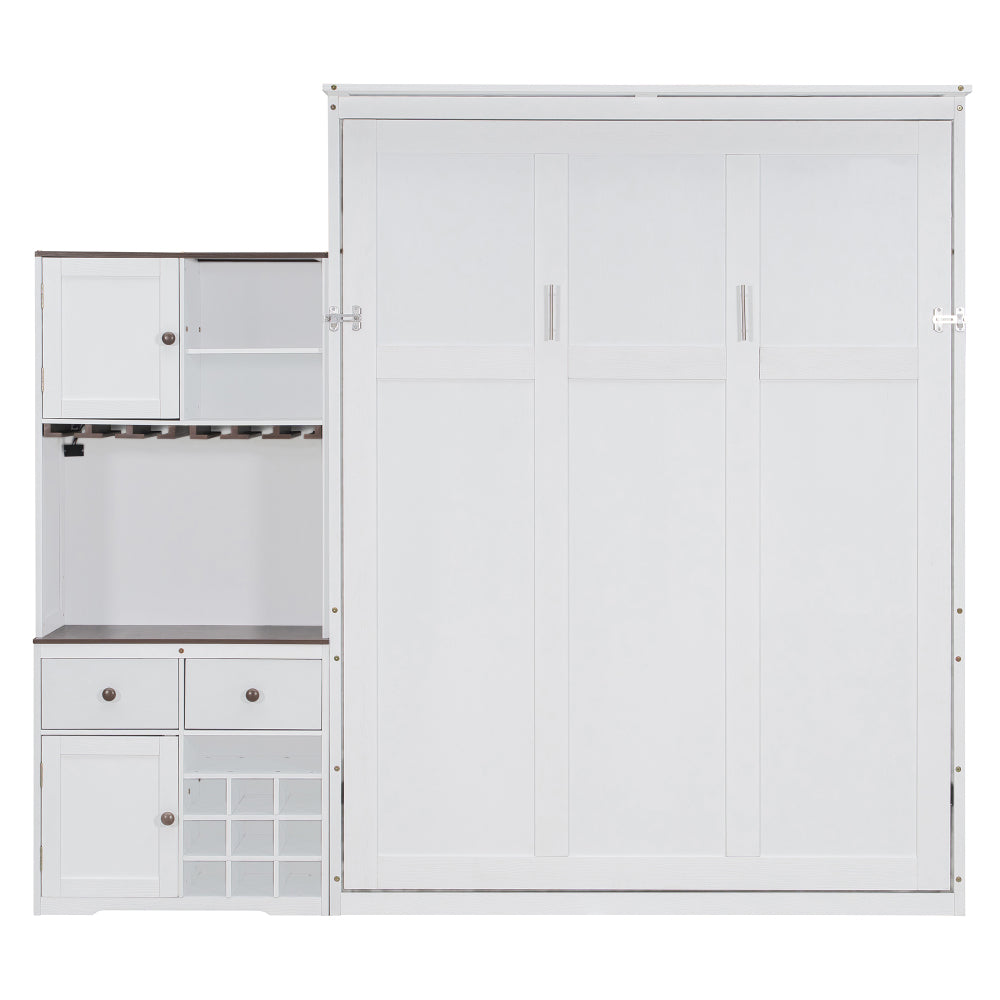 Queen Size Murphy Bed with Storage Cabinet, Wine Rack, Glass Holder, Drawers and Multi-Color LED Strip, White