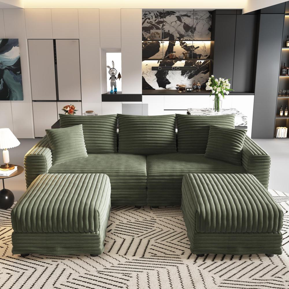 82.7 "Plush Corduroy 3-Seat Sofa,Modern Comfy Upholstered Sofa Cloud Couch,Deep Seat Couches with Soft Pillows and 1 Ottomans,Convertible Sofa Lounge Chair,Green(ETA:8.15)
