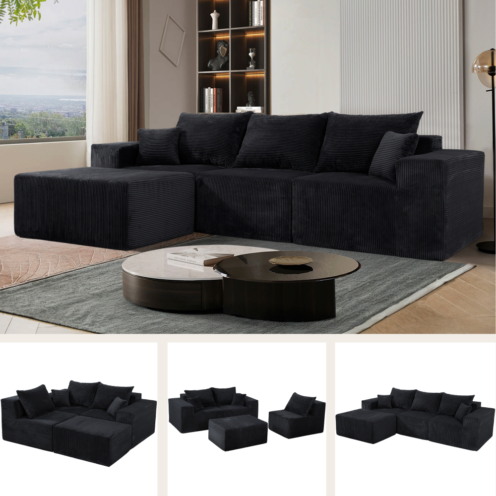 4-Piece Modular L-Shaped Sectional Sofa, No Assembly Needed, Convertible Couch with Spacious Chaise Lounge, Premium Corduroy Upholstery, Flexible Layout for Living Room or Apartment, Grey