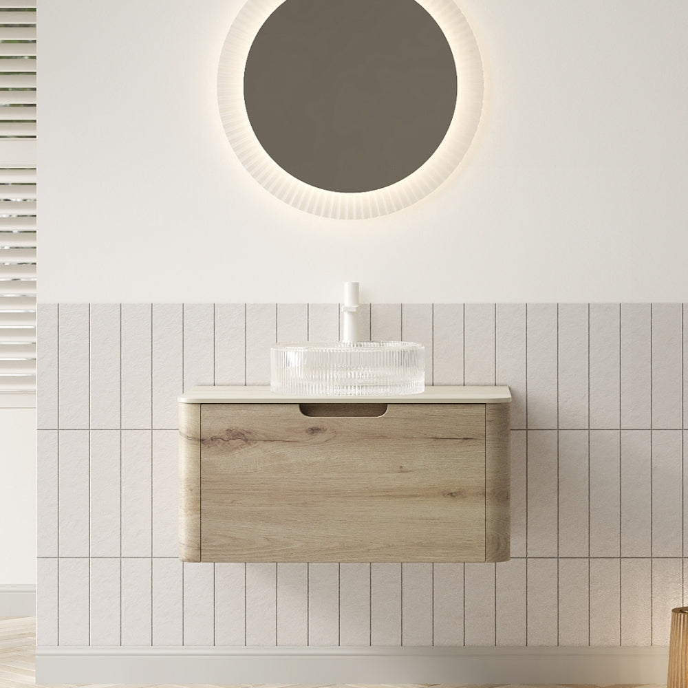 XAI 36" Bathroom Vanity with Sink, Floating Plywood Storage Cabinet with Drawer, Transparent Round Glass Basin and Roma Travertine-Pattern Sintered Stone Top, Pre-assembled, White Oak Woodgrain Color
