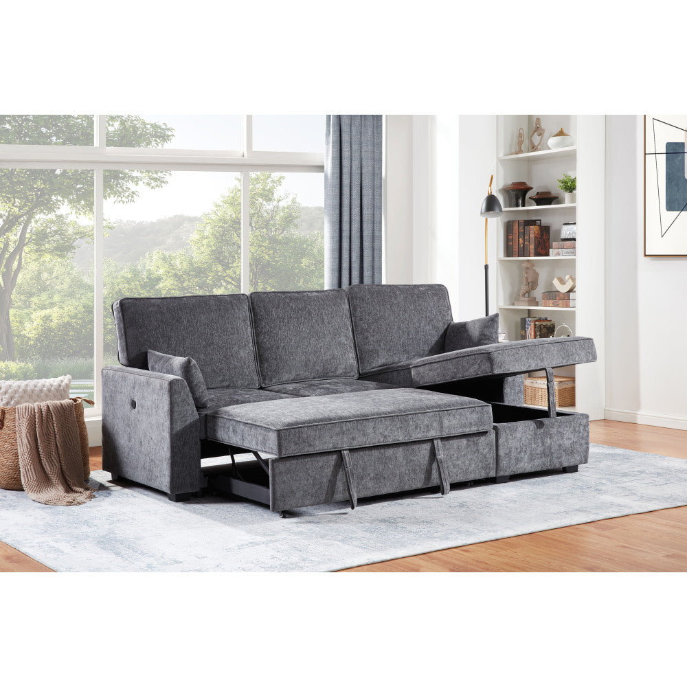 Emmy 89"W Dark Gray Fabric Sleeper Sectional Sofa with Reversible Storage Chaise, USB & USB-C Charging Ports, Cupholders, Pillows