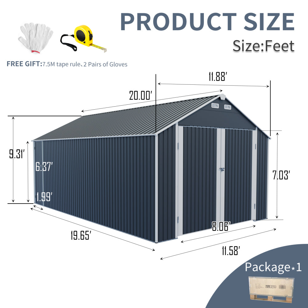 12×20 FT Outdoor Storage Shed Metal Garage Shed for Car, Bike, Lawnmower - Backyard Tool House Building 2 Doors and 4 Vents (Upgraded version)