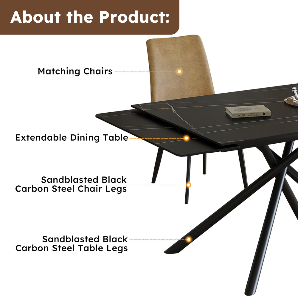Retractable Sintered Stone Dining Table Set,It features a modern rectangular design, with black carbon steel table legs and a cross-leg structure at the bottom. (Table + 4 Chairs)
