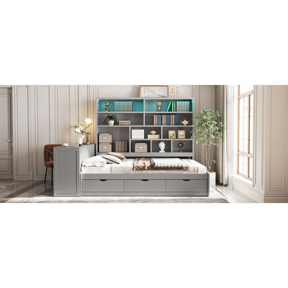 Full Size Wooden Daybed With Three Drawers ,Desk ,Shelves and Lights, Gray
