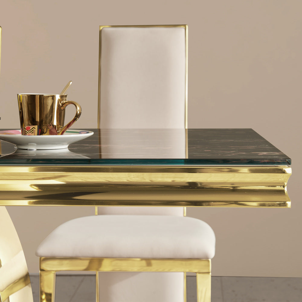 Gold stainless steel dining table 70.08 inch black tempered glass top with sticker