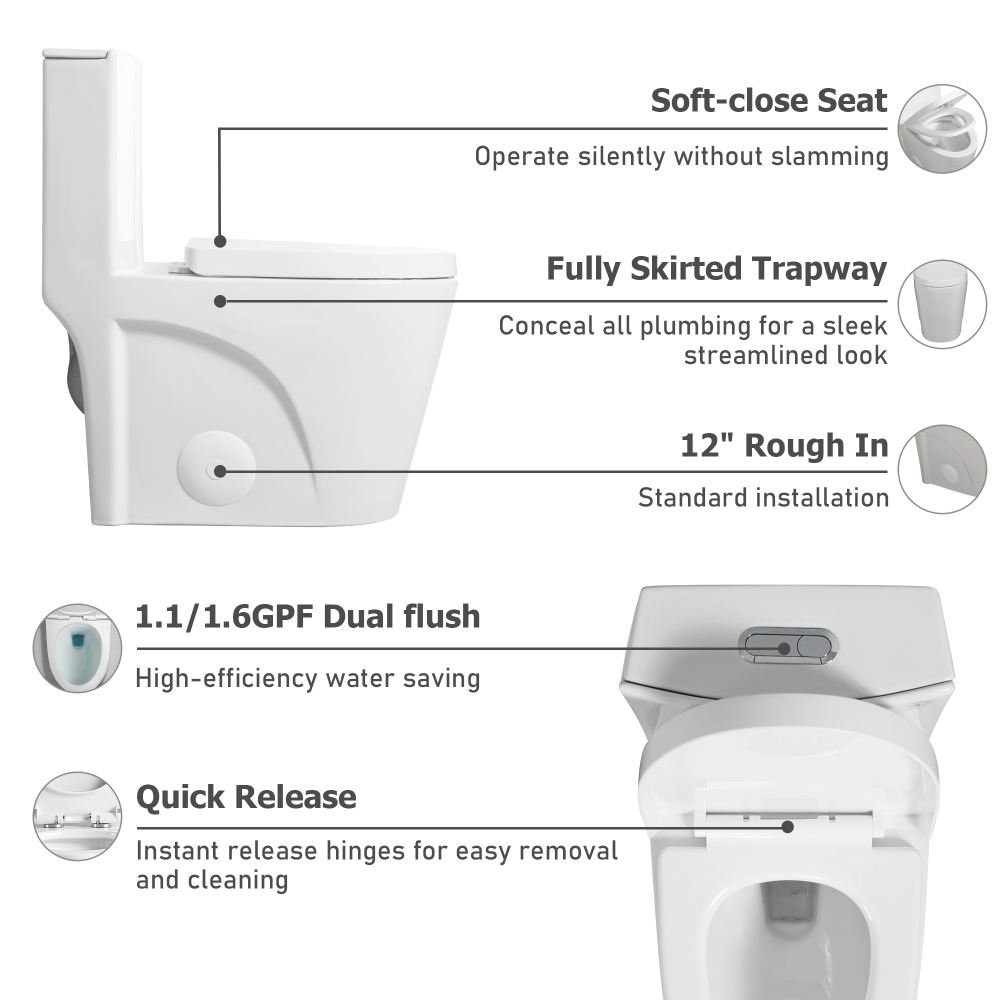 One-Piece Toilet, 1.1/1.60 GPF Water-Efficient Dual-Flush Elongated Comfort Height Floor Mounted, Standard-Size Toilet with Soft Closing Seat Included, Glossy White 25T01-GWX