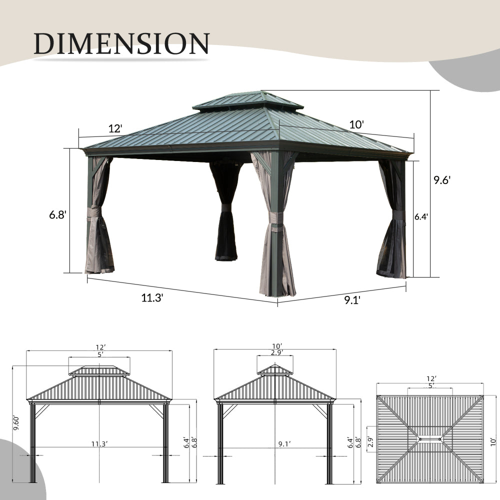 10' X 12' Hardtop Gazebo Outdoor Metal Gazebo with Galvanized Steel Double Roof Canopy, Aluminum Frame, Curtains and Netting for Patio, Deck, Garden, Grey