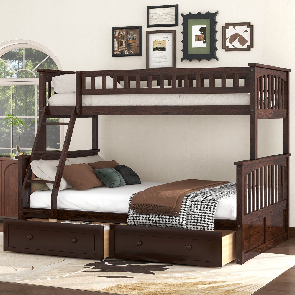 Twin over Full Bunk Bed with Drawers, Convertible Beds, White