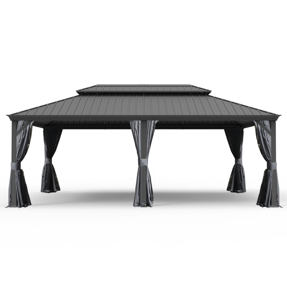 12' X 20' Hardtop Gazebo, Upgraded Metal Gazebo with Drainage System, Dual-Layer Galvanized Steel Roof, Curtain and Netting, Outdoor Shelter Canopy for Patio, Garden, and Backyard, Grey
