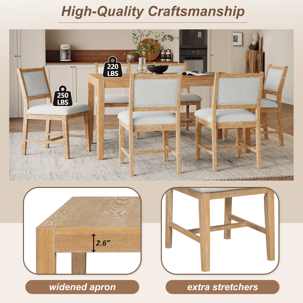 TREXM 7-Piece Retro Dining Table Set for 6, 1 Rectangular Wood Dining Table Set for 6 with Upholstered Chairs for Dining Room and Kitchen (Natural)