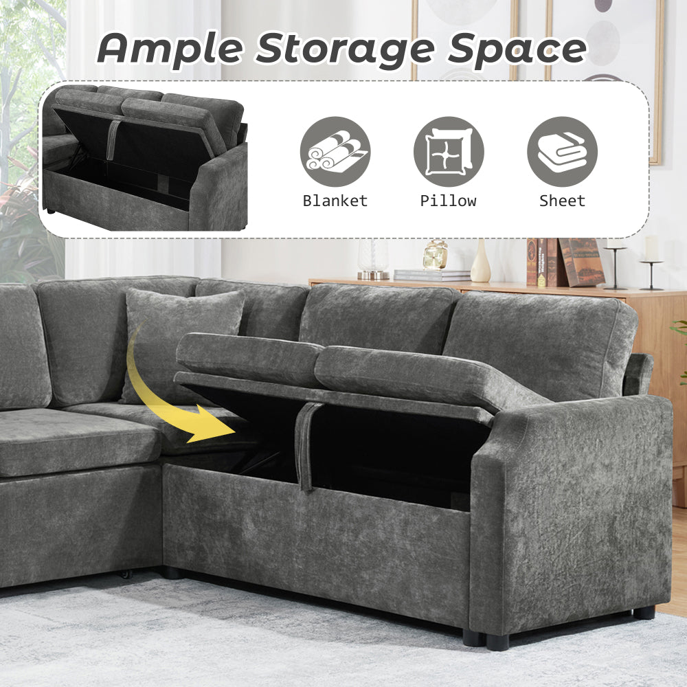Sectional Sofa Bed L-shaped Sectional 81.9" Upholstered L-shaped Sofa with a Sofa Sleeper and a Hidden Storage Compartment for Living Room, Gray