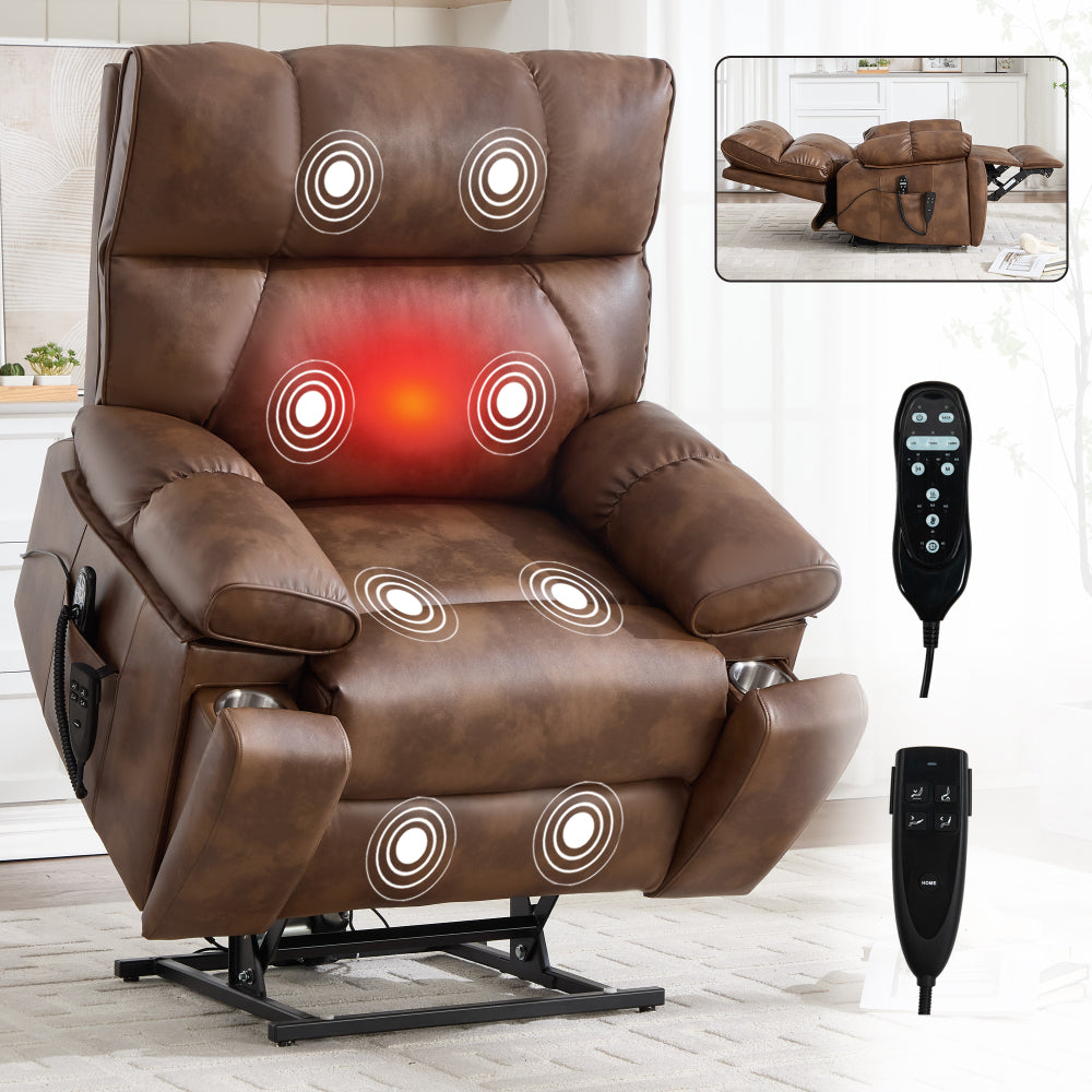Black Leatheraire Heat Massage Dual Motor Infinite Position Up to 350 LBS Large Electric Power Lift Recliners with Hidden Cup Holders, Power-Remote, Medium-firm and Heavy Duty