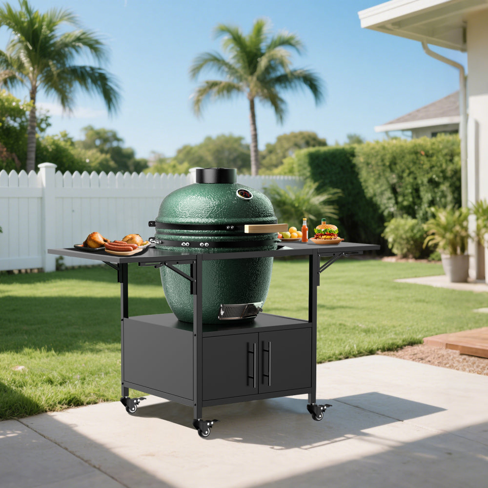 Outdoor Grill Cart for Two Big Green Egg, Metal Grill Table Compatible with Large Big Green Egg,Kamado Joe 18 Inch,and other similar models