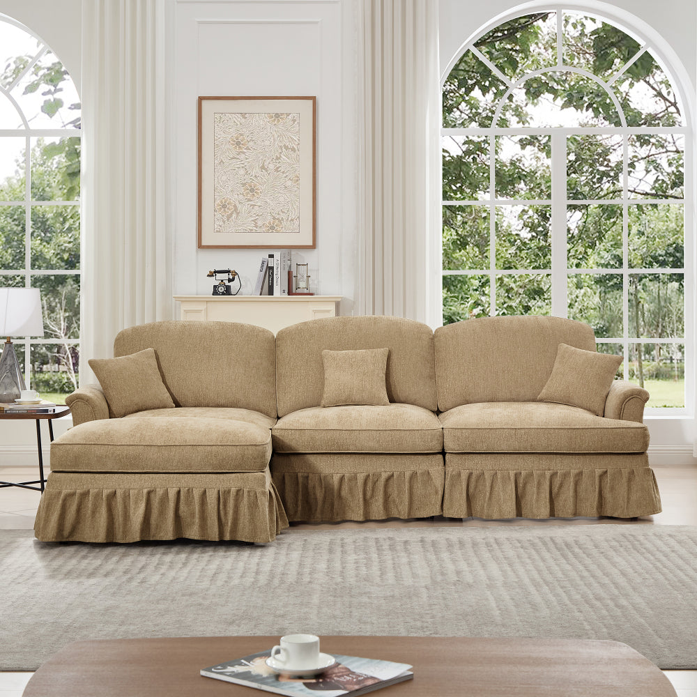 Mid Century Three Seater Modular L Shaped Sectional Couch with Flared Arms and Removable Ruffles Pleats Skirts and Spindle Legs, Comfy Chenille 3-Seat Deep Seat Sofa with Movable Ottoman,Blue