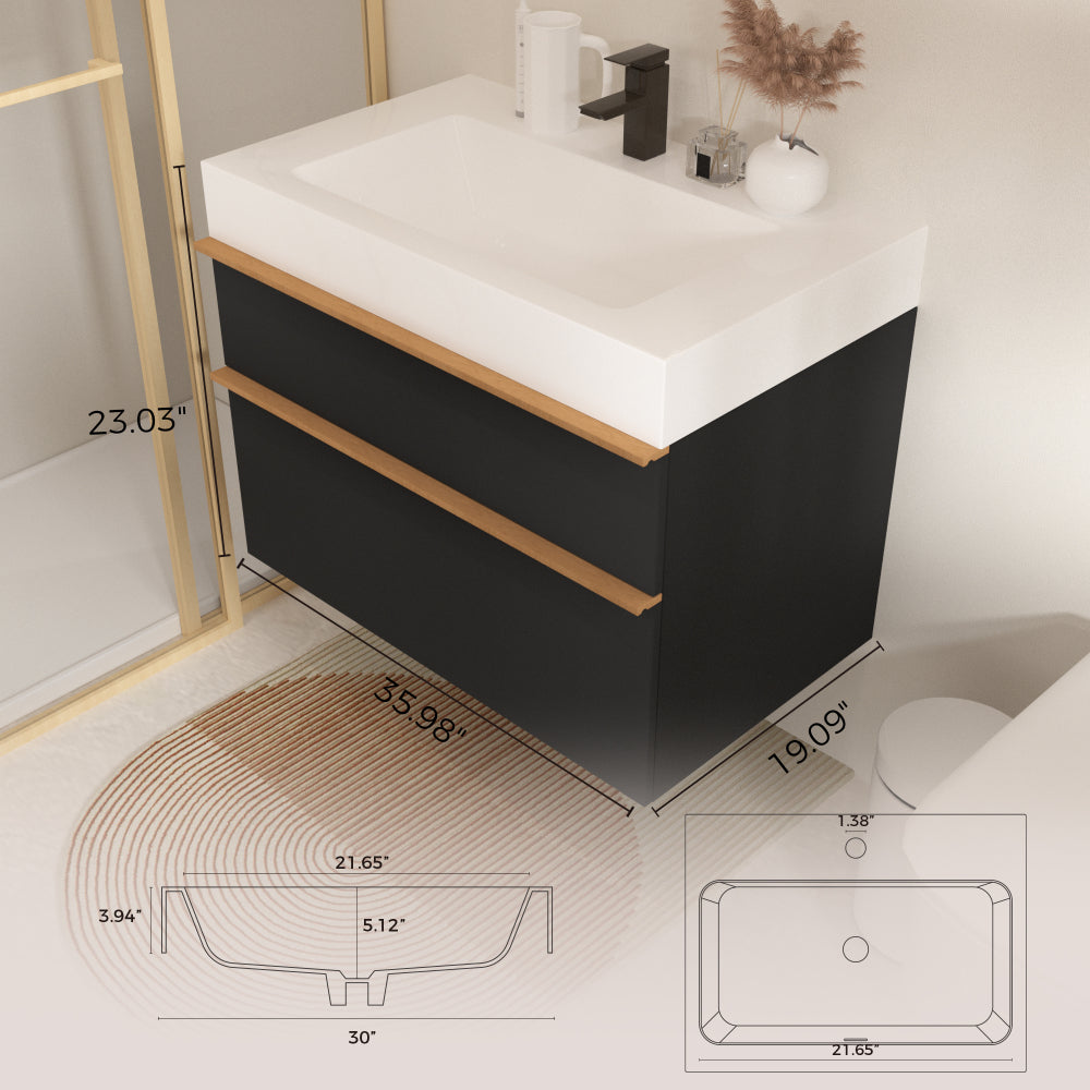VELA 36 Inch Black Wall Mounted Bathroom Vanity with Integrated Acrylic Sink, 2 Soft-Close Drawers, Pre-Assembled,Modern Floating Cabinet