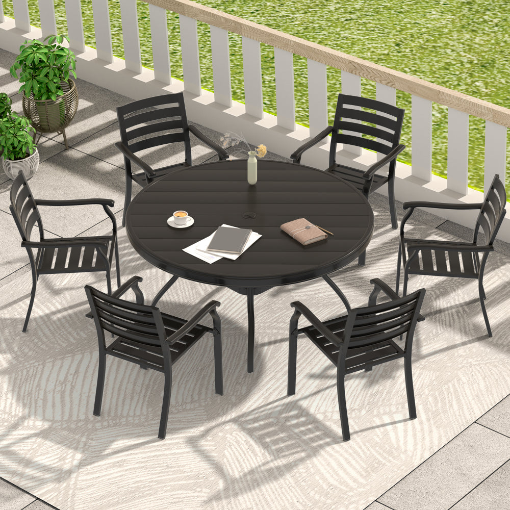 7 Pieces Outdoor Patio Dining Set, 6 Stackable Metal Dining Chairs and 52.95" Round Metal Dining Table, Outdoor Table and Chairs for Lawn Garden Backyard Deck