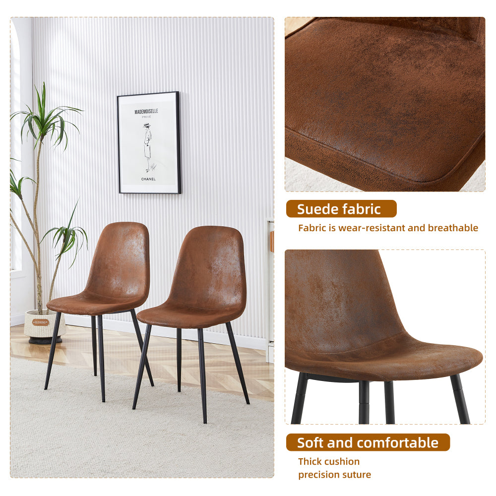 Table and chair set.With a Expandable mechanism,the Wood Grain MDF table top and silver metal legs and has a smooth surface.Paried With 6 chairs with soft suede cushions and black metal legs.