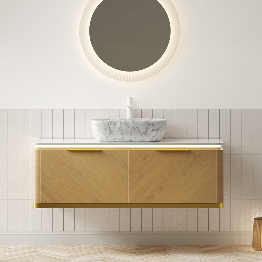DIPA 36" Bathroom Vanity&Sink, Floating Plywood Storage Cabinet with Sensor Light, Drawer, Stone Pattern White Round Ceramic Vessel Basin&Sintered Stone Top, Pre-assembled, Dark Walnut Woodgrain Color