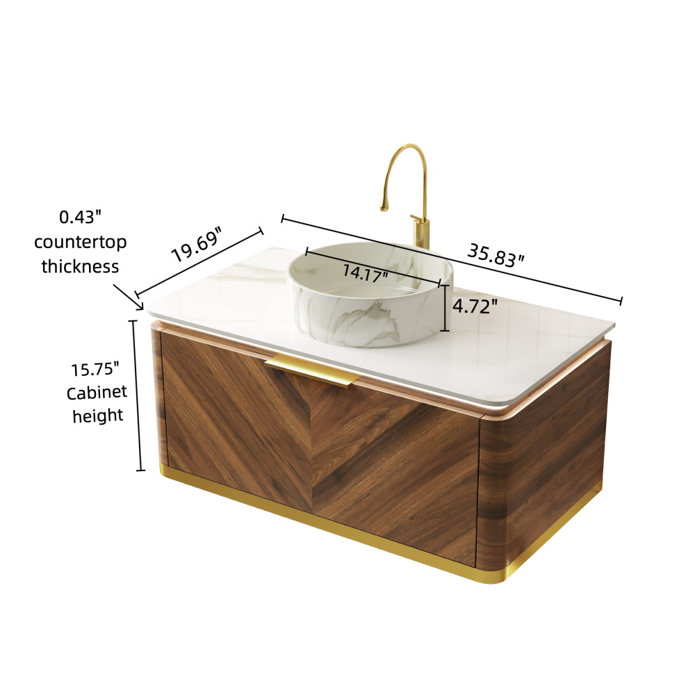 DIPA 36" Bathroom Vanity&Sink, Floating Plywood Storage Cabinet with Sensor Light, Drawer, Stone Pattern White Round Ceramic Vessel Basin&Sintered Stone Top, Pre-assembled, Dark Walnut Woodgrain Color