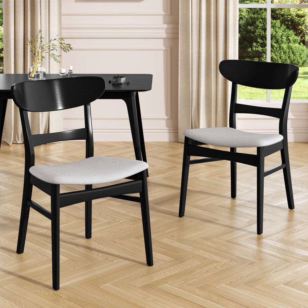 Mid-Century Modern 5-Piece Dining Set, Rubberwood Frame, One Table and 4 Upholstered Chairs, Black +Light Gray