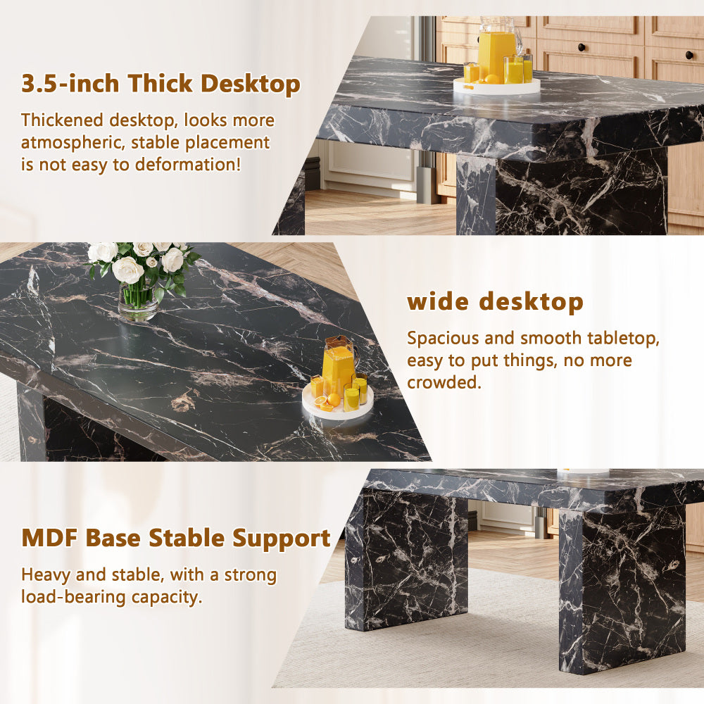 Table and chair set.78.7"*39.4"*29.9"inches MDF Luxurious Black Marble Pattern Dining Table,With a 3.5-inch thick tabletop.Paired with 10 Light Gray Linen Fabric Chairs With Black Sturdy Metal Legs.