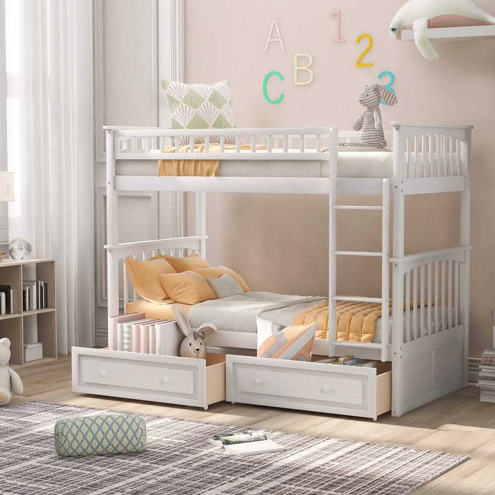 Twin over Full Bunk Bed with Drawers, Convertible Beds, White