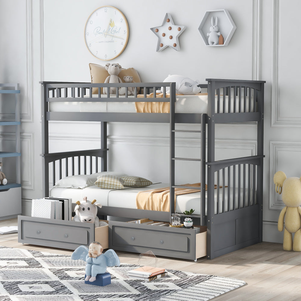 Twin over Full Bunk Bed with Drawers, Convertible Beds, White