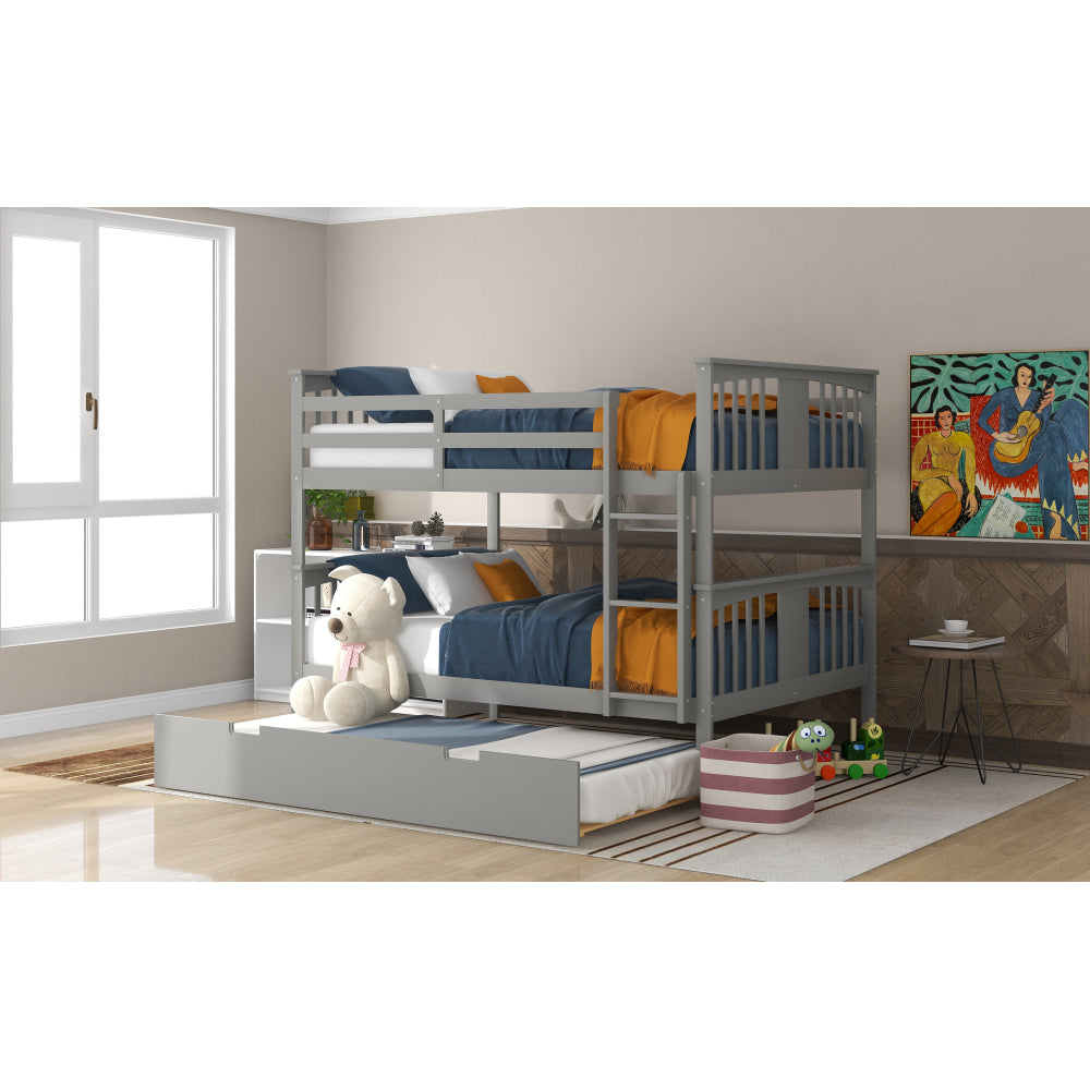 Full over Full Bunk Bed with Twin Size Trundle and Ladder-Gray(Old SKU: LT000204AAE)