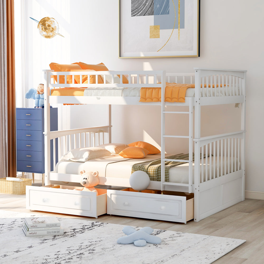 Twin over Full Bunk Bed with Drawers, Convertible Beds, White