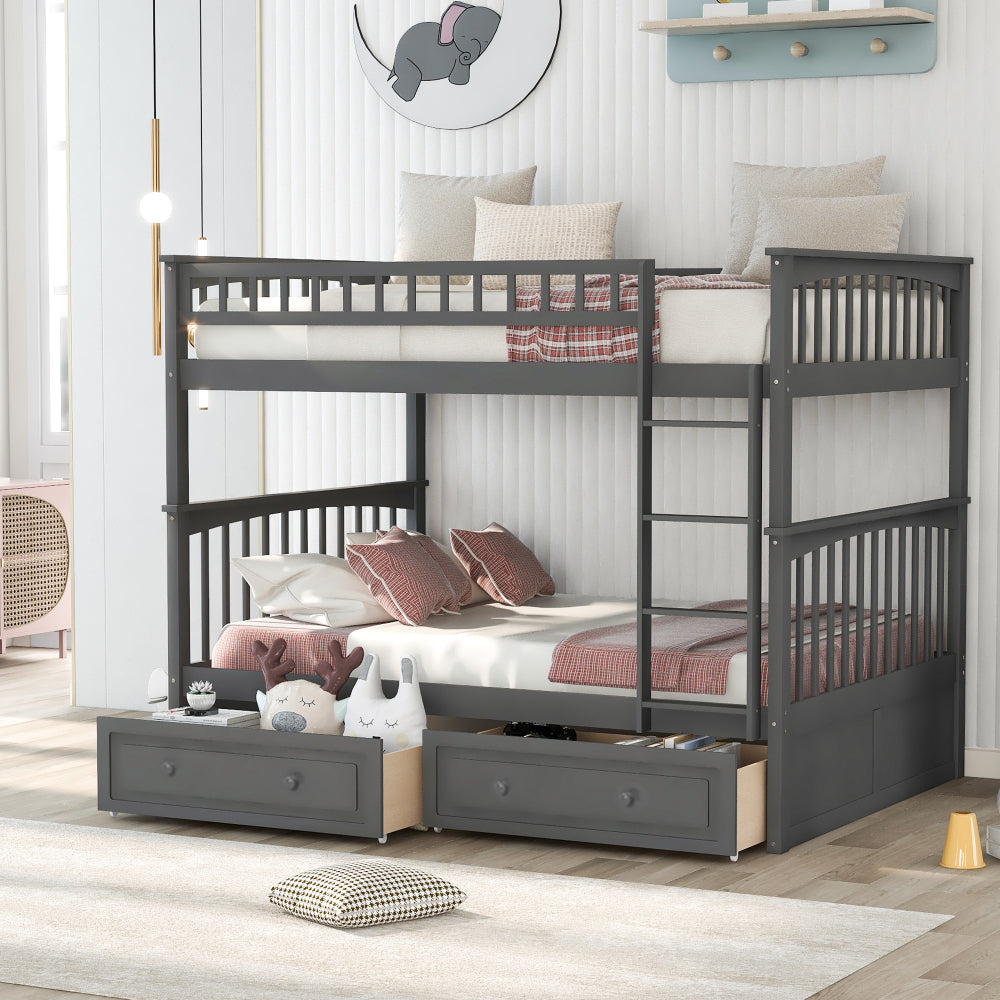 Twin over Full Bunk Bed with Drawers, Convertible Beds, White