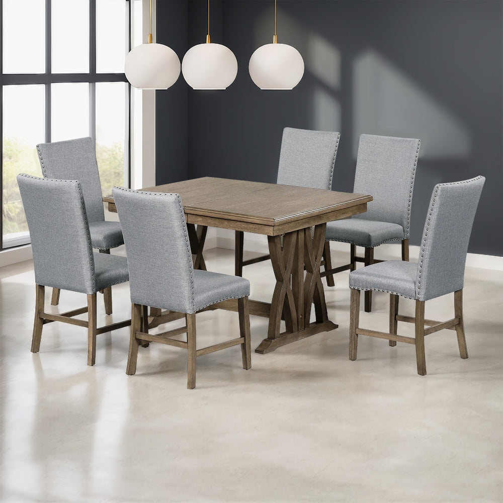 TOPMAX Mid-Century Solid Wood 7-Piece Dining Table Set Extendable Kitchen Table Set with Upholstered Chairs and 12" Leaf for 6, Golden Brown+Gray Cushion(Old SKU: SP000015AAD)